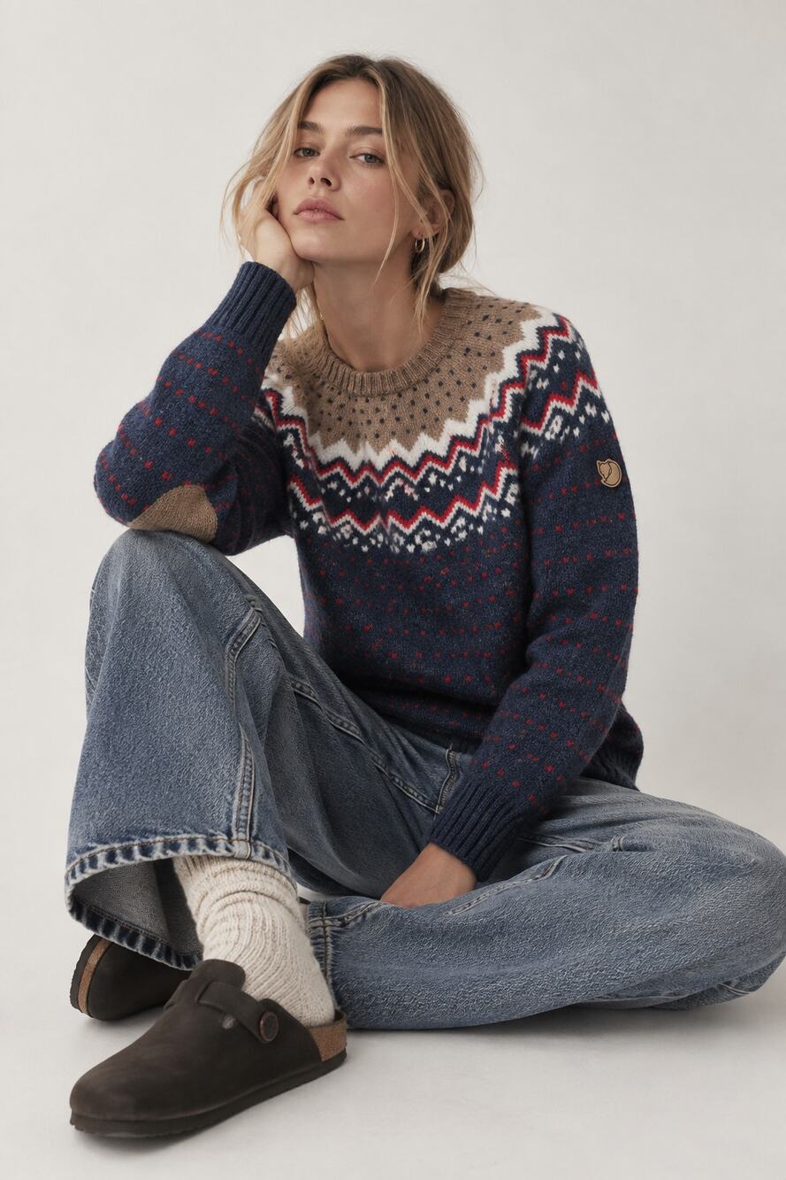 Fjallraven Ovik Knit Sweater Womens S 100% Wool Nordic Fair Isle Navy Red